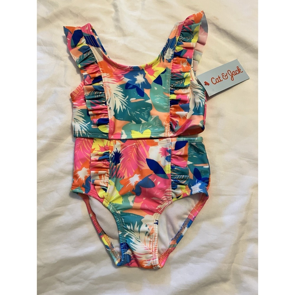 NWT Cat & Jack Ruffle Tropical  Floral 2 Piece Swim Suit  Baby Girl 12M SPF 50